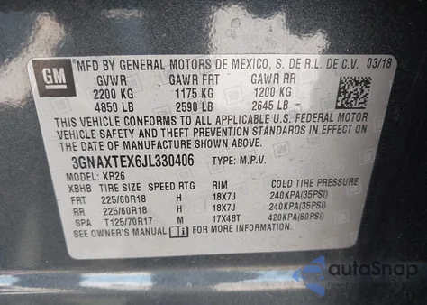 2018 Chevrolet Equinox Lt z USA, uszkodzony, nr VIN 3GNAXTEX6JL330406